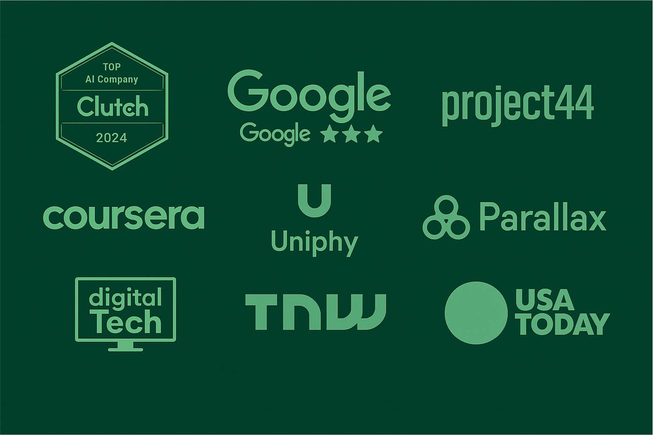 Trust signals montage with generic badges and review icons representing GMB, Clutch, and featured-in credibility