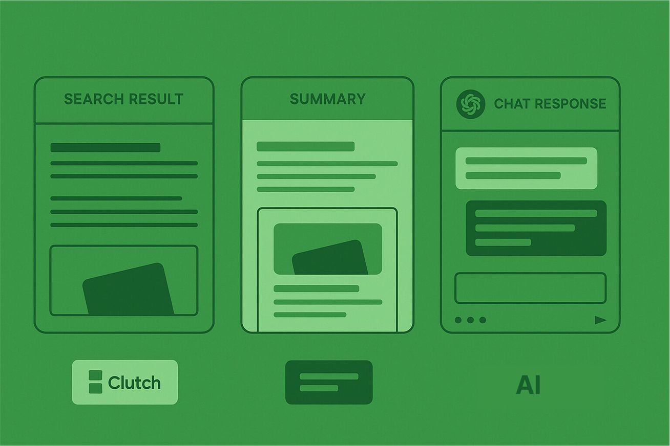Side-by-side layout comparing traditional SEO results, AI-generated summaries, and chat responses