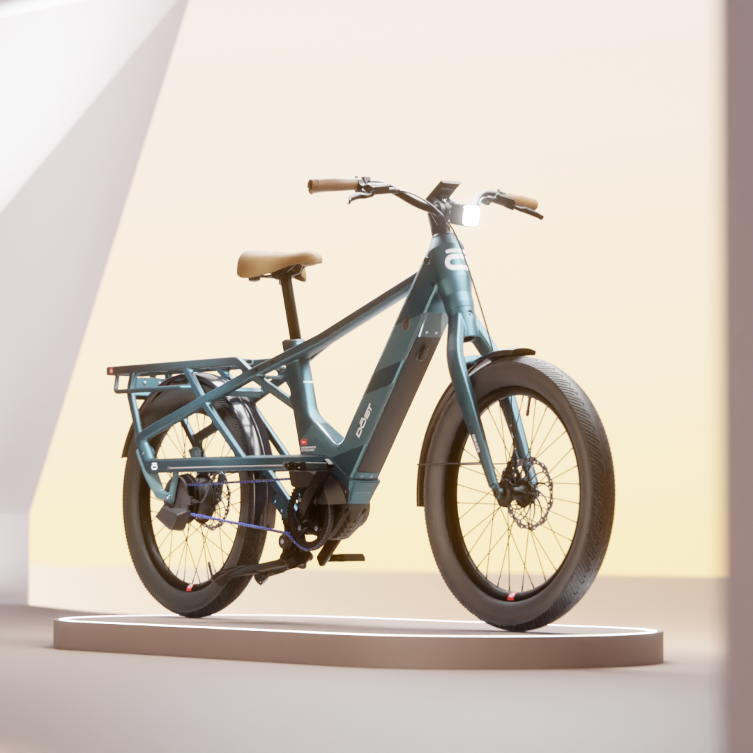 DOST Bikes cargo e-bike rendered in 3D against a soft cream background