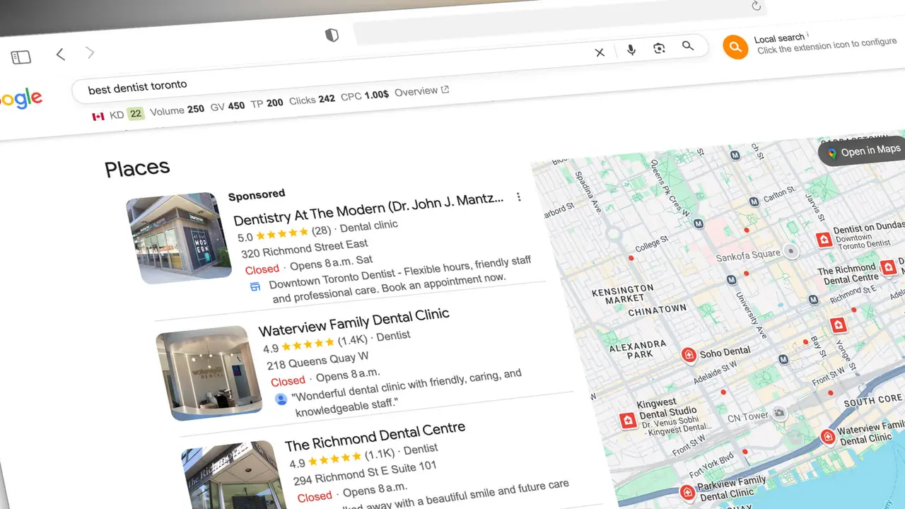 Google’s local results for “best dentist toronto”: three dental clinics beside a map of downtown Toronto
