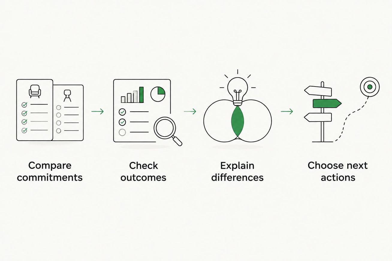 Review sequence from checking agreed work to choosing the next marketing actions