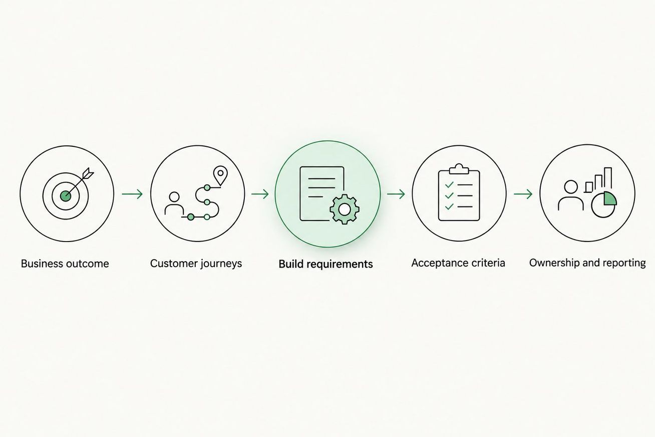 Website briefing sequence from business outcome through ownership and reporting