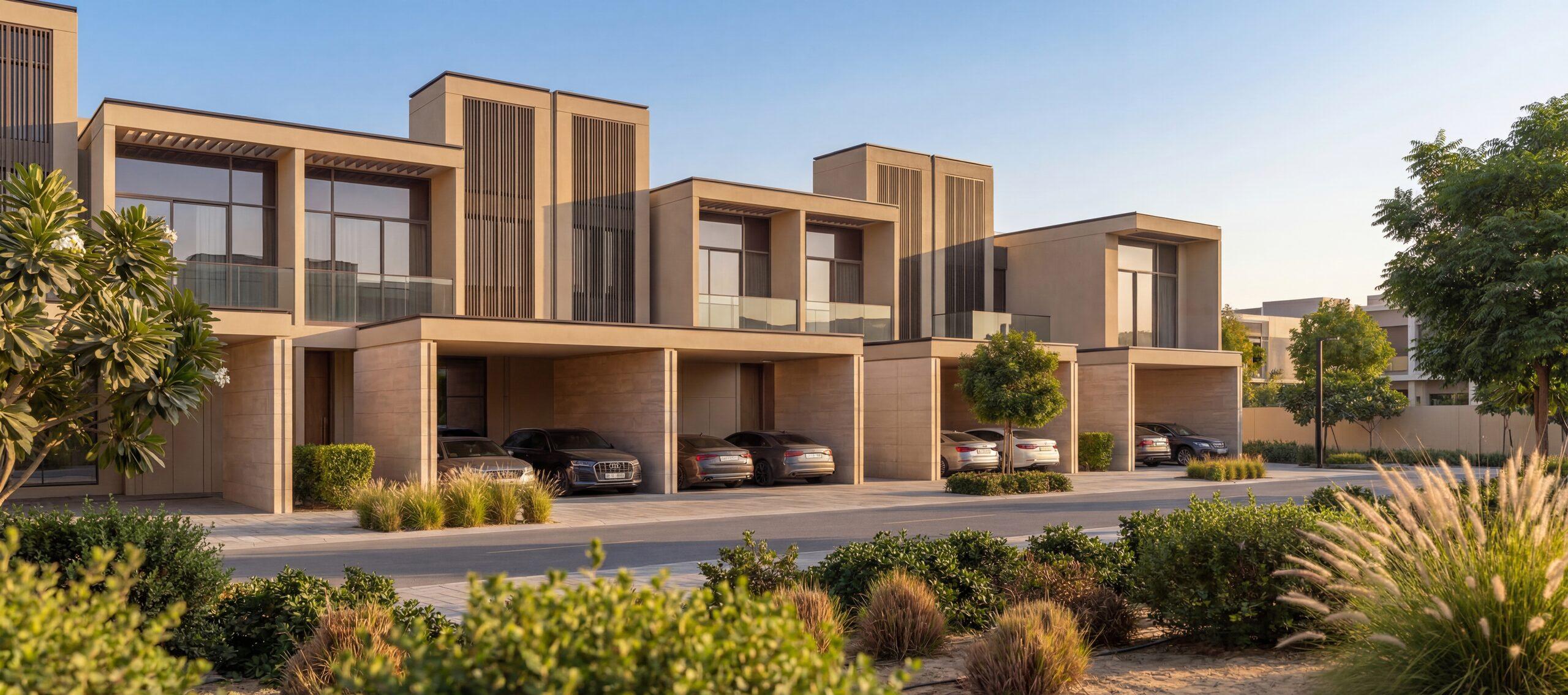 Townhouse rows along a landscaped street