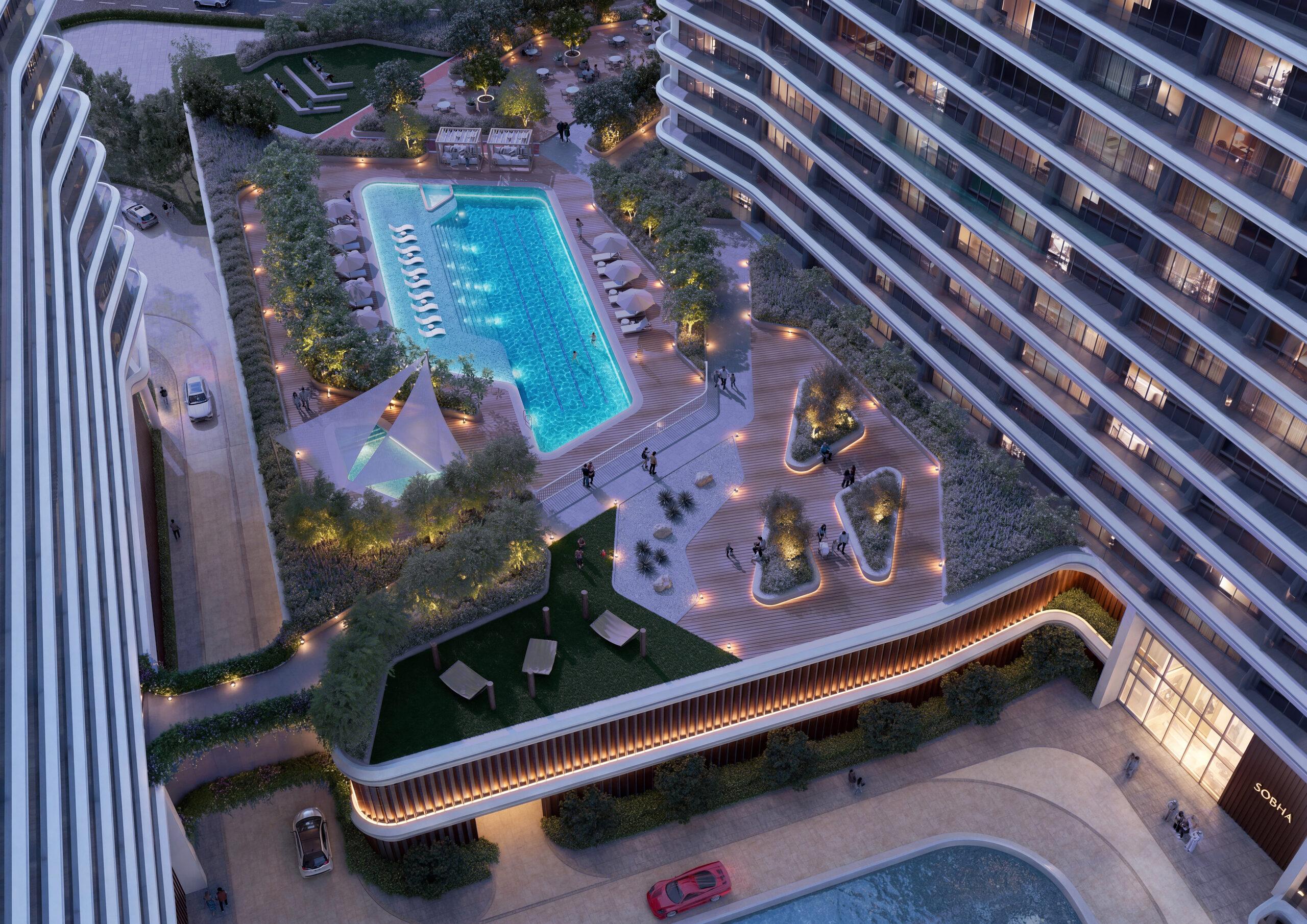 River Cove podium pool deck at night