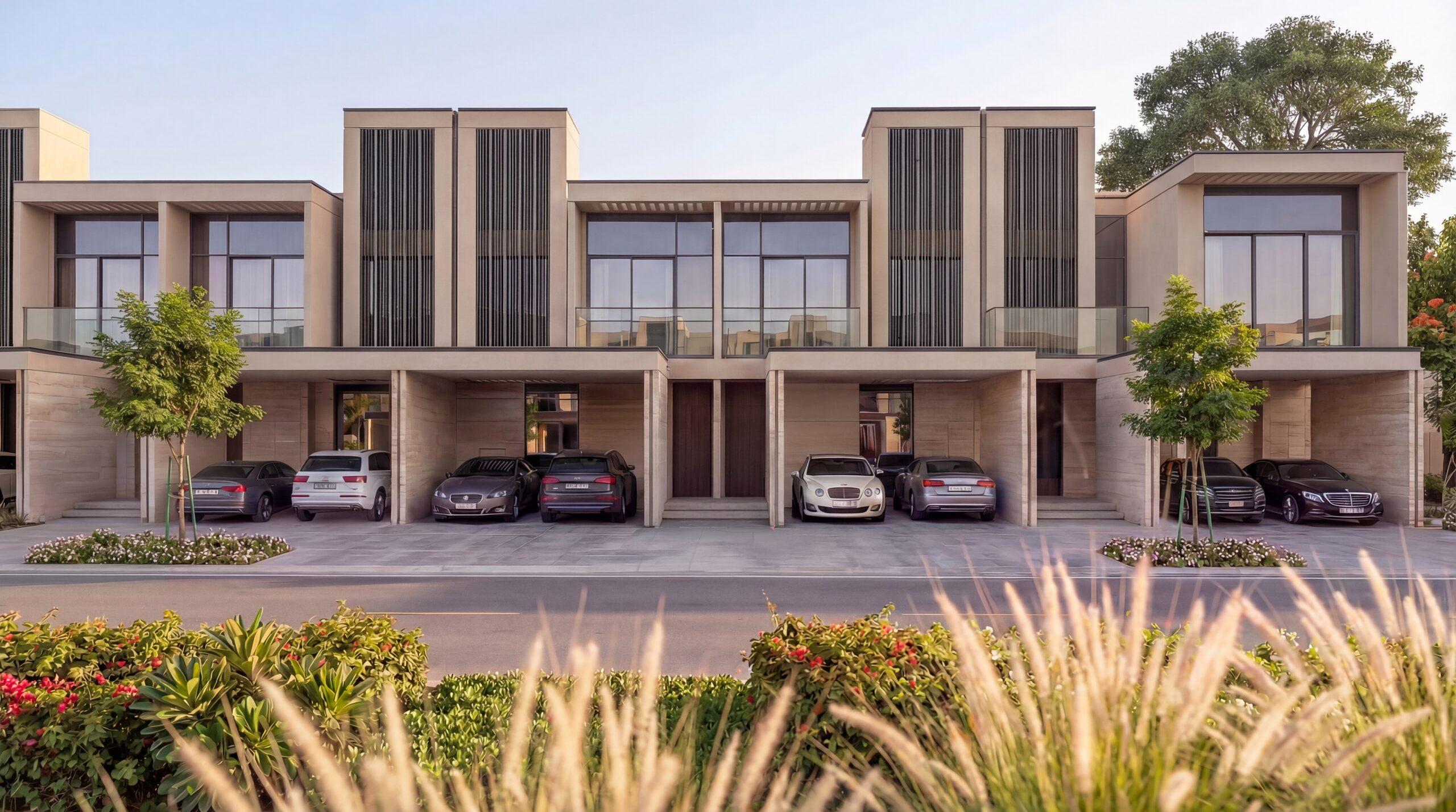 A row of 3-bedroom townhouses with covered parking