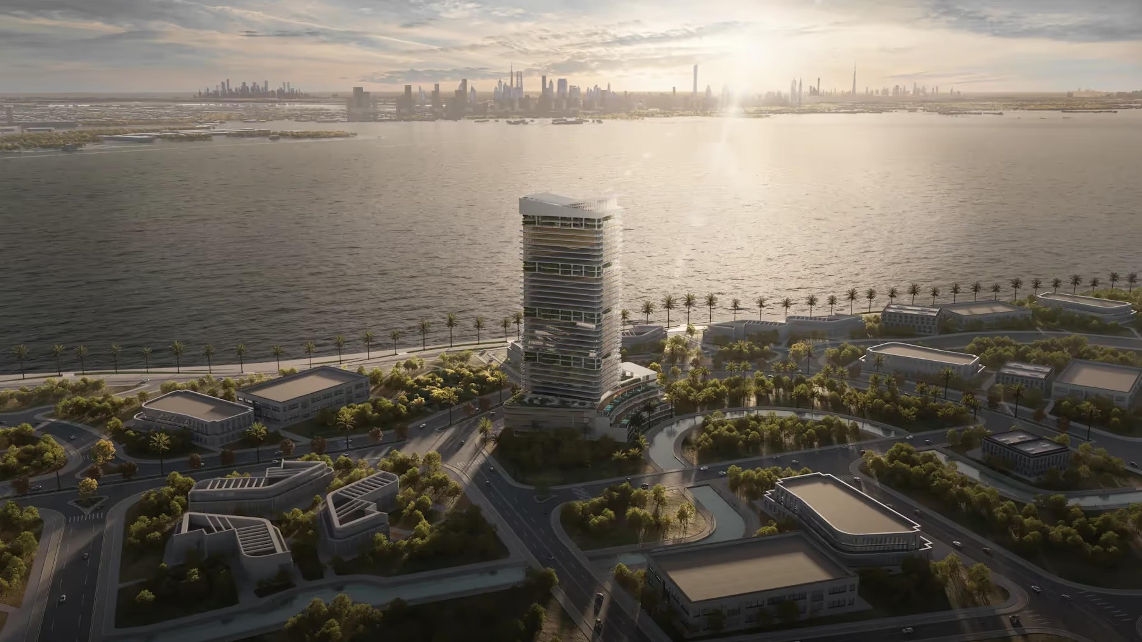 Radiant Elite Tower at sunset, looking towards the city (developer's render)