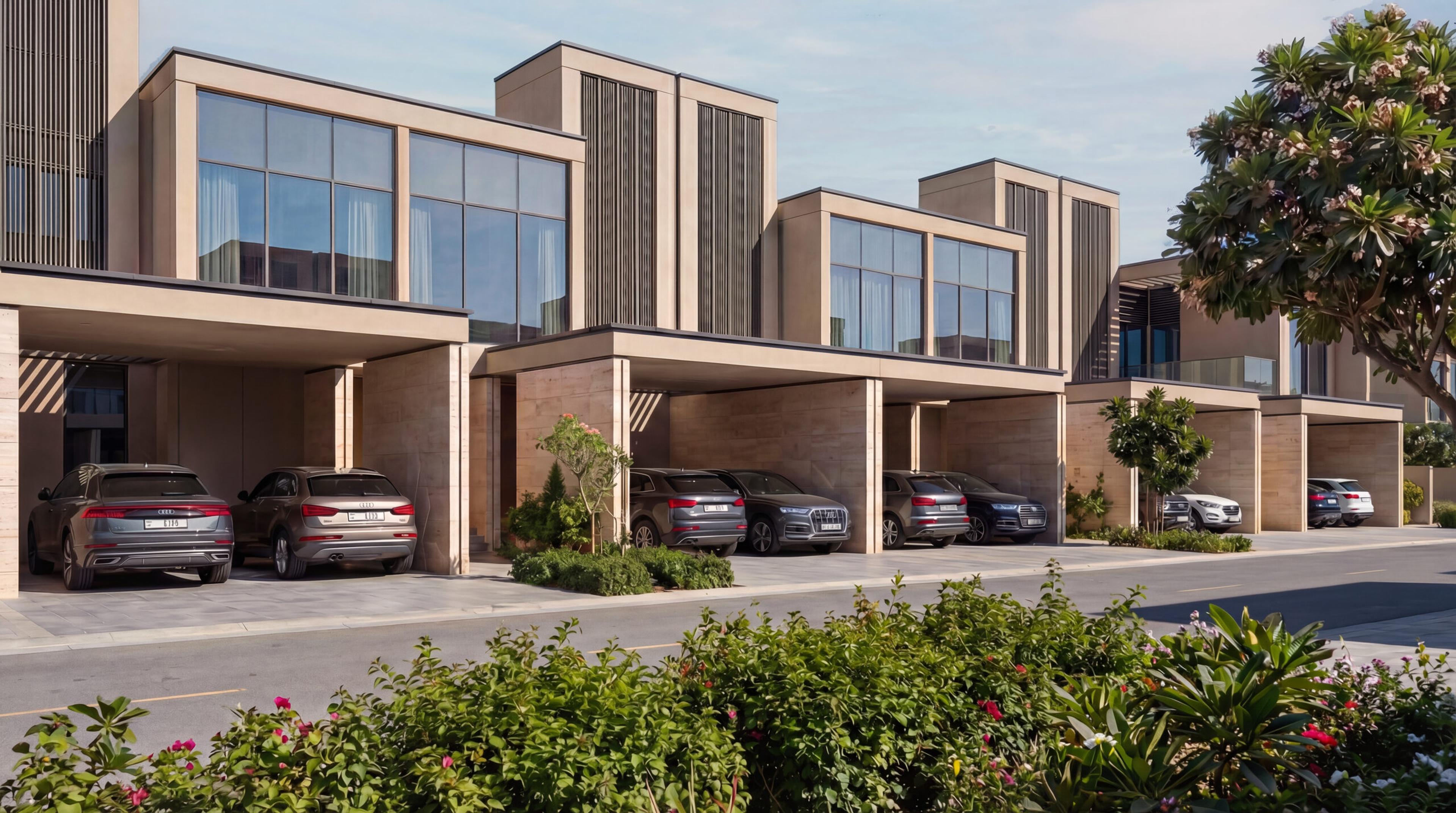 Street view along a row of townhouses