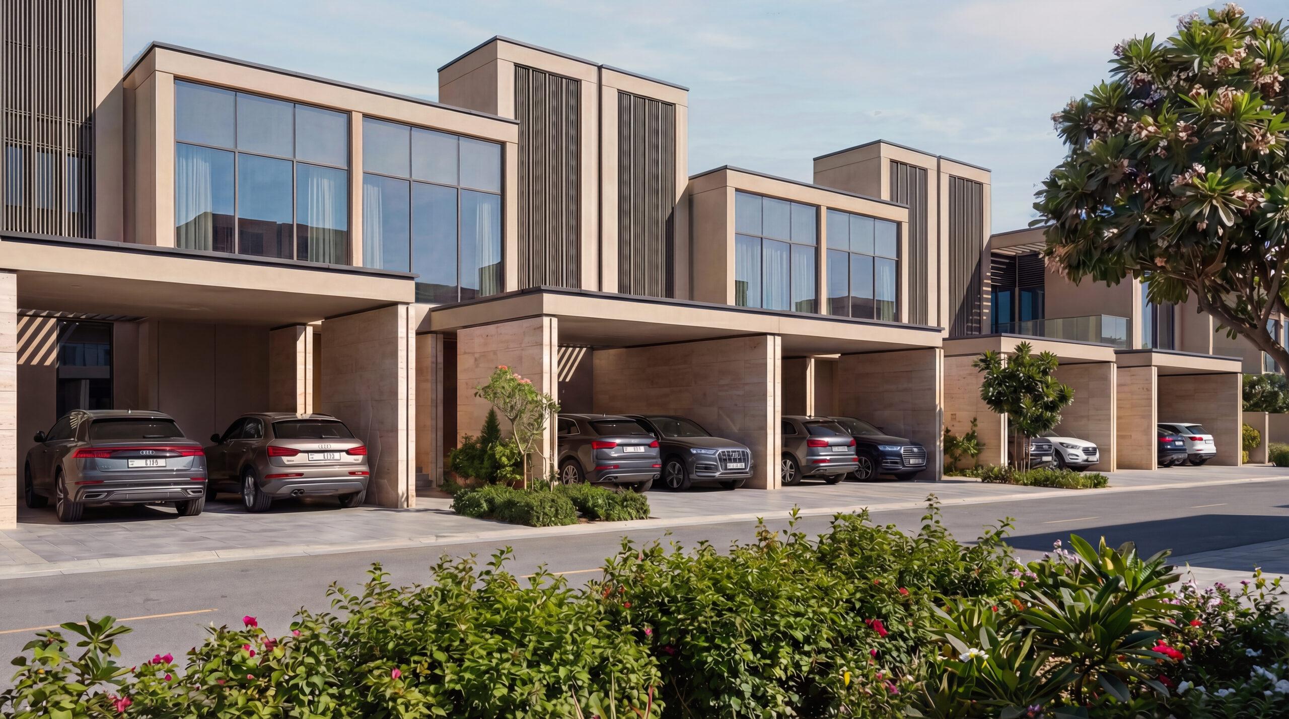 Street view along a row of townhouses