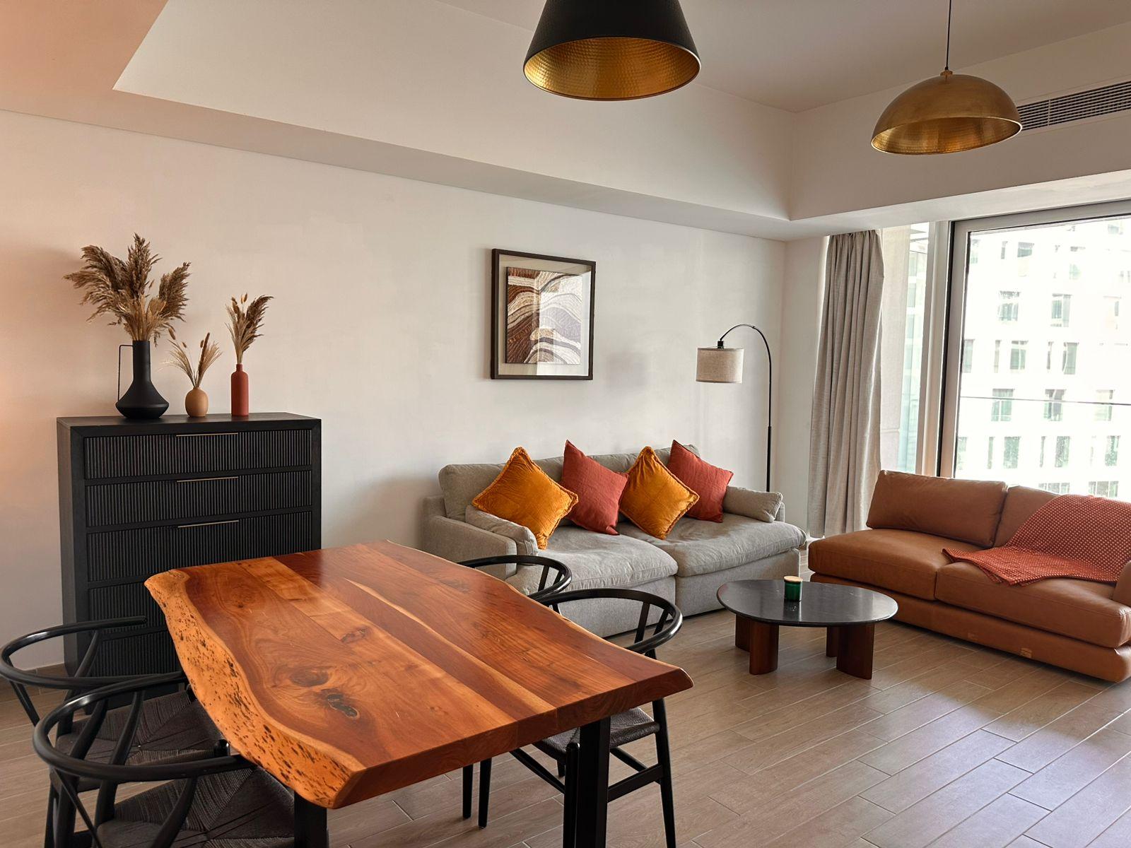Living and dining room with a live-edge dining table