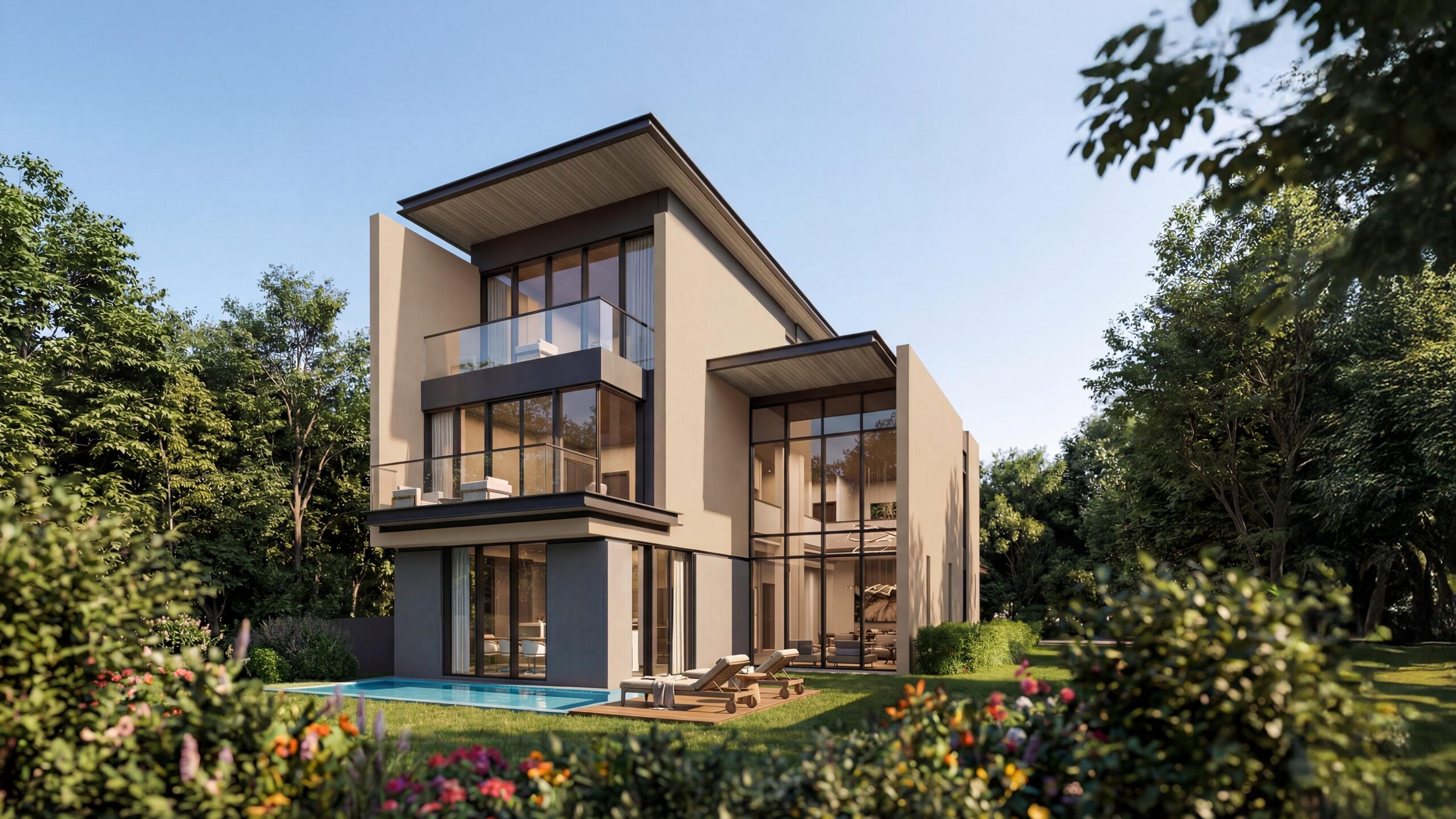 4-bedroom villa from the garden, with its pool and terraces