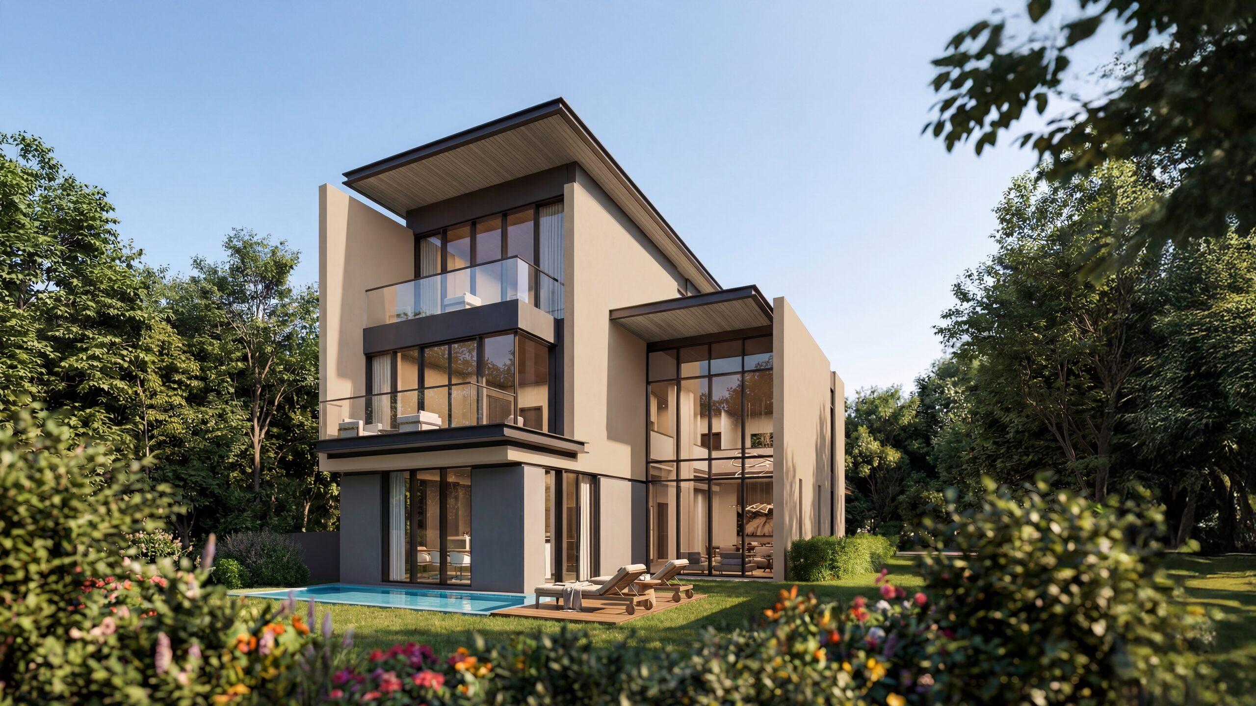 4-bedroom villa from the garden, with its pool and terraces