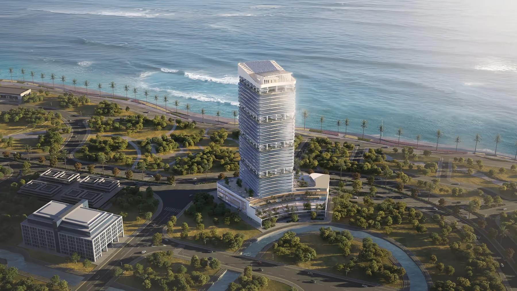 Aerial view of Radiant Elite Tower on the Al Reem Island shore (developer's render)