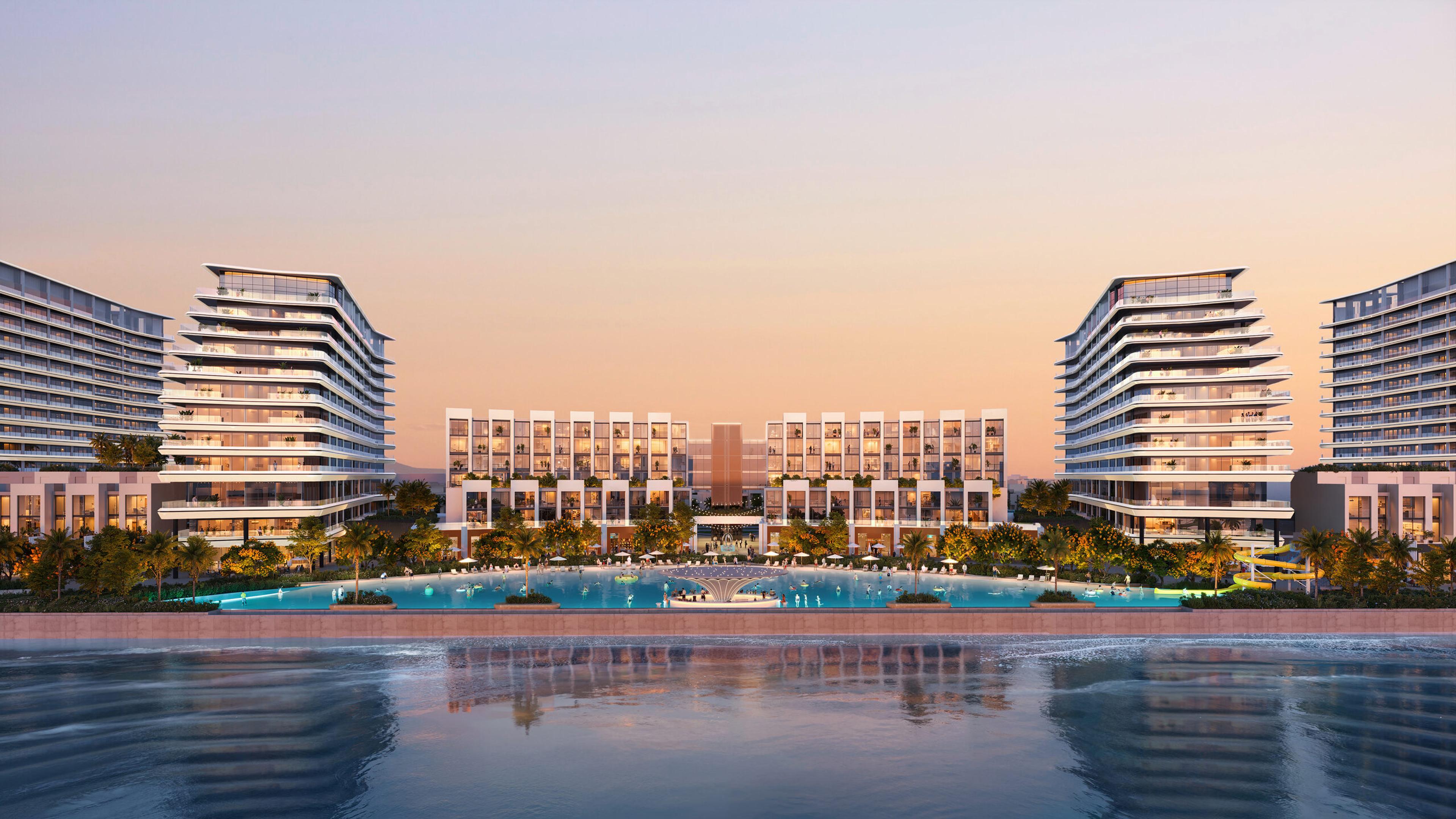 River Cove Residences across the lagoon at dusk