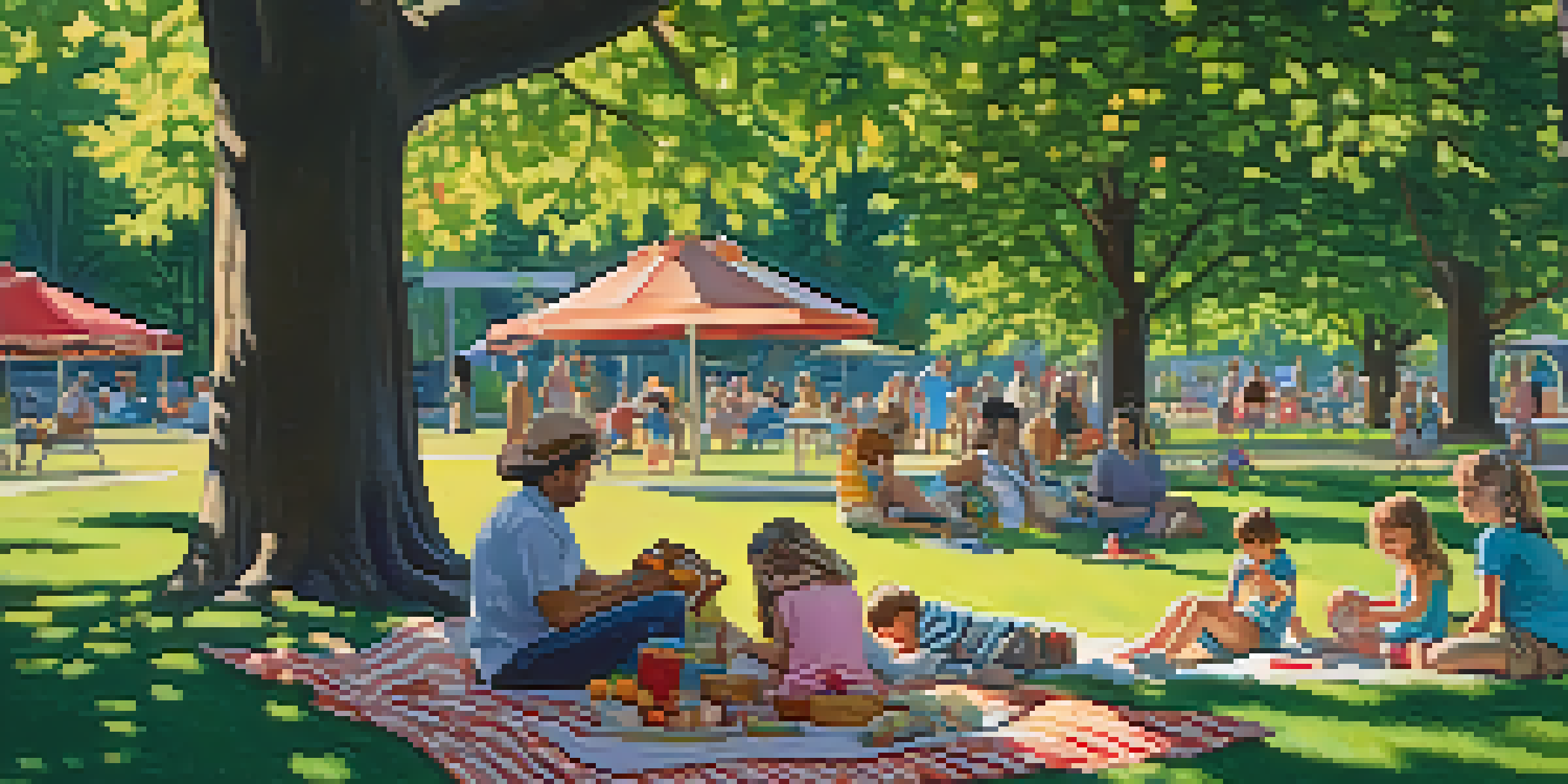 Families enjoying a picnic in a park with colorful flower gardens and children playing nearby.