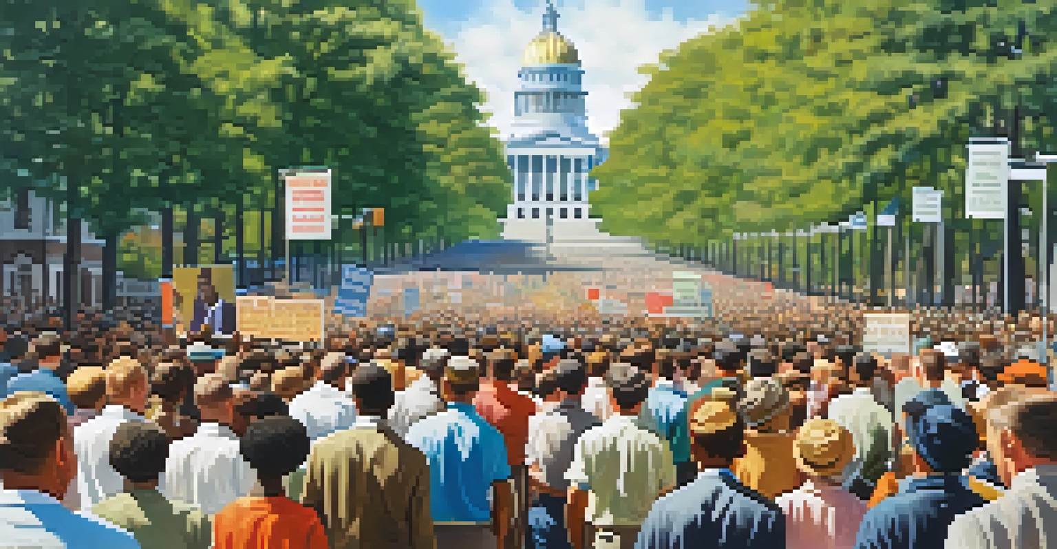 A diverse crowd marching in Raleigh, North Carolina, during the 1963 March on Raleigh, with signs advocating for civil rights and the State Capitol in the background.