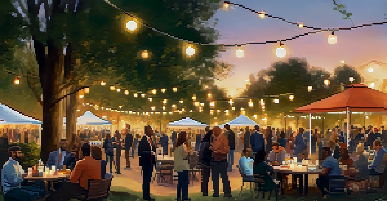 Entrepreneurs networking in a cozy park setting during sunset, surrounded by string lights and engaged in conversations.
