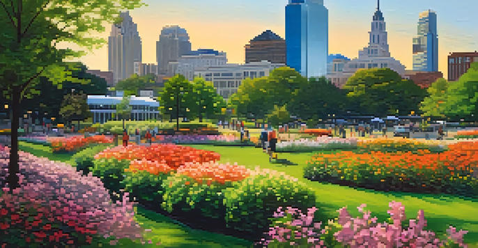A lively cityscape of Raleigh featuring modern buildings and a park with people enjoying the outdoors.