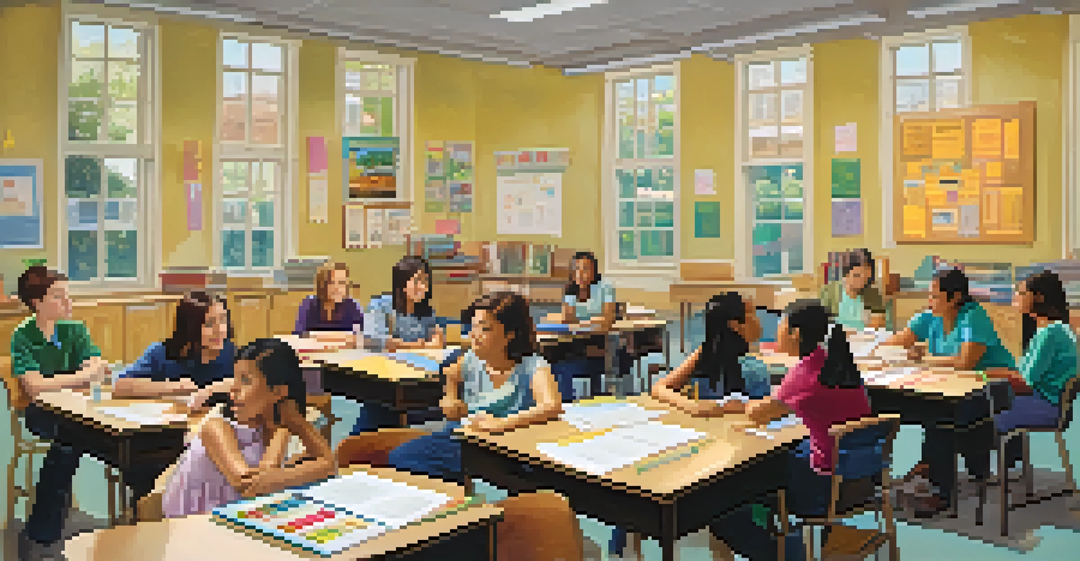Parents and teachers having a discussion in a classroom, surrounded by student artwork and materials for school events.