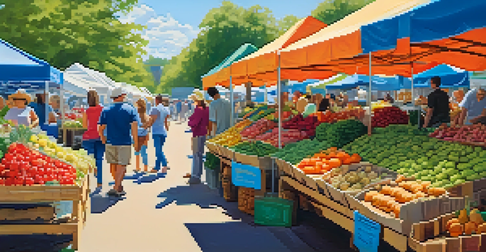 A bustling farmer's market filled with colorful fruits and vegetables, with people shopping and interacting under a clear blue sky.
