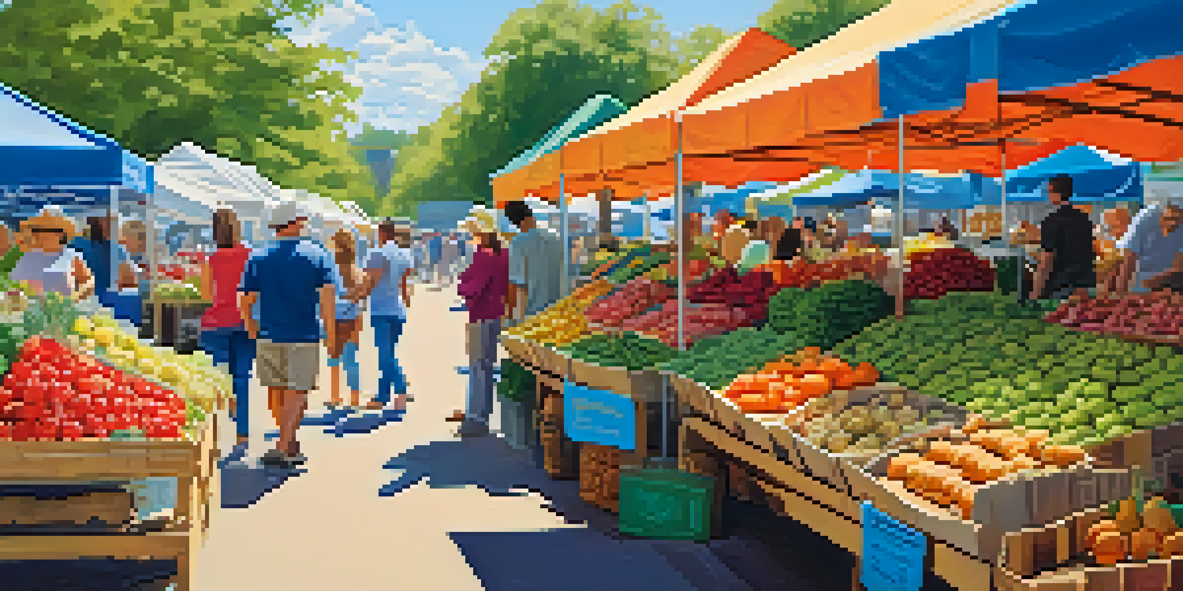A bustling farmer's market filled with colorful fruits and vegetables, with people shopping and interacting under a clear blue sky.