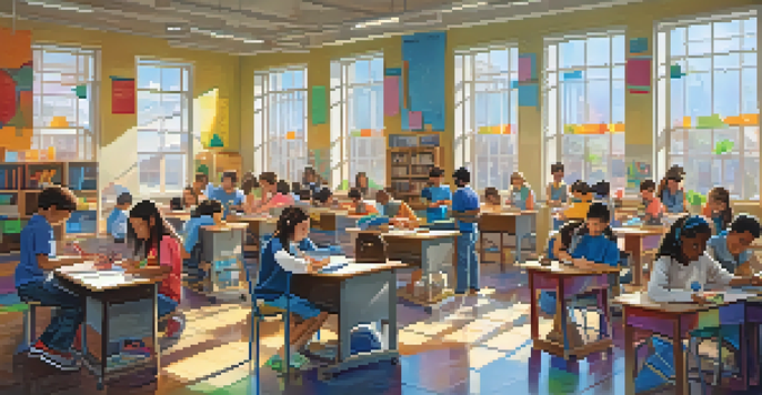 A diverse group of students collaborating on a robot-building project in a bright and colorful classroom.