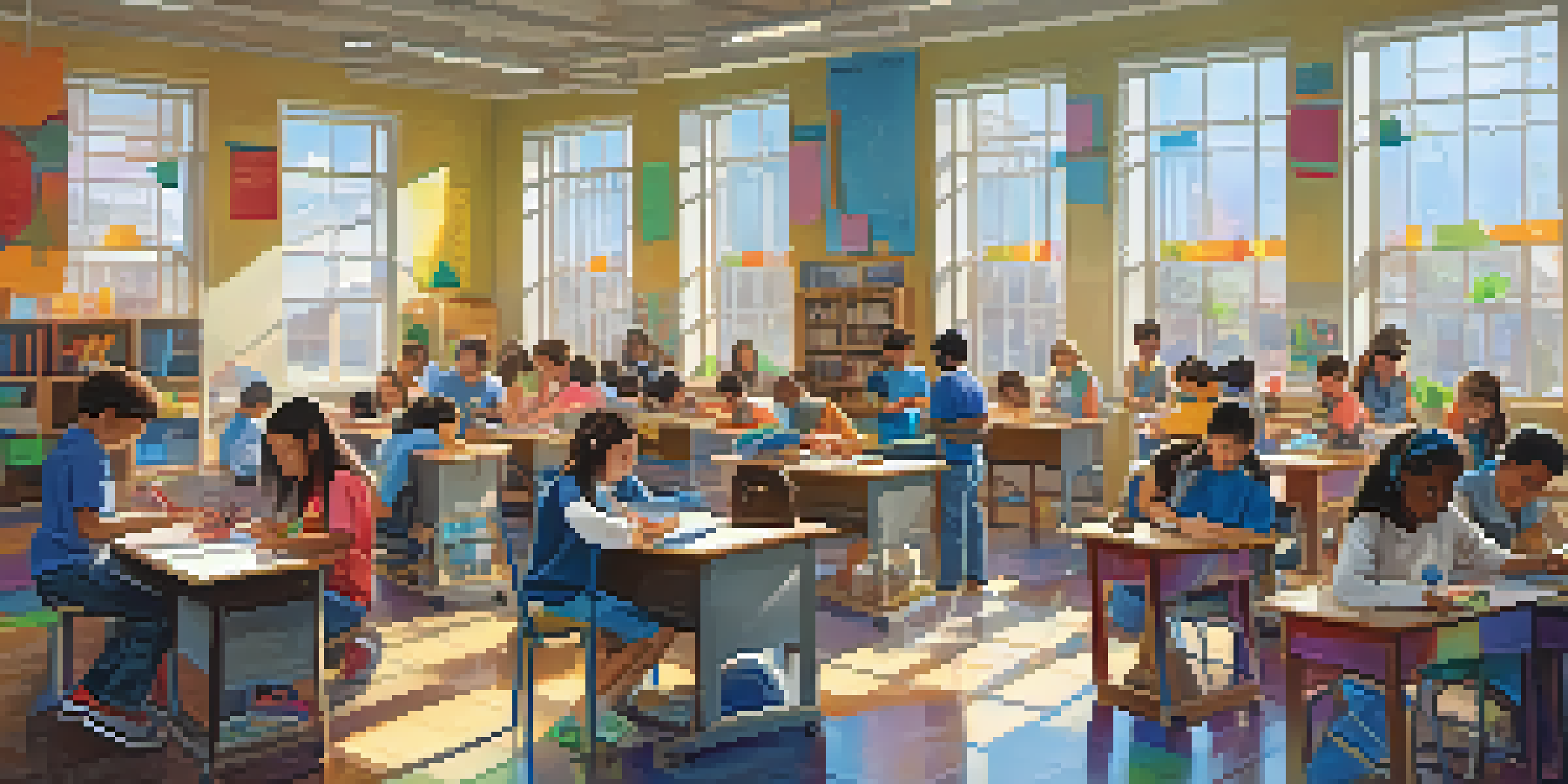 A diverse group of students collaborating on a robot-building project in a bright and colorful classroom.