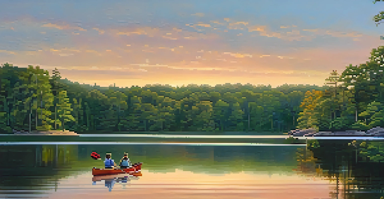 A peaceful lake scene at sunset with kayakers and people walking along the shore, surrounded by greenery.