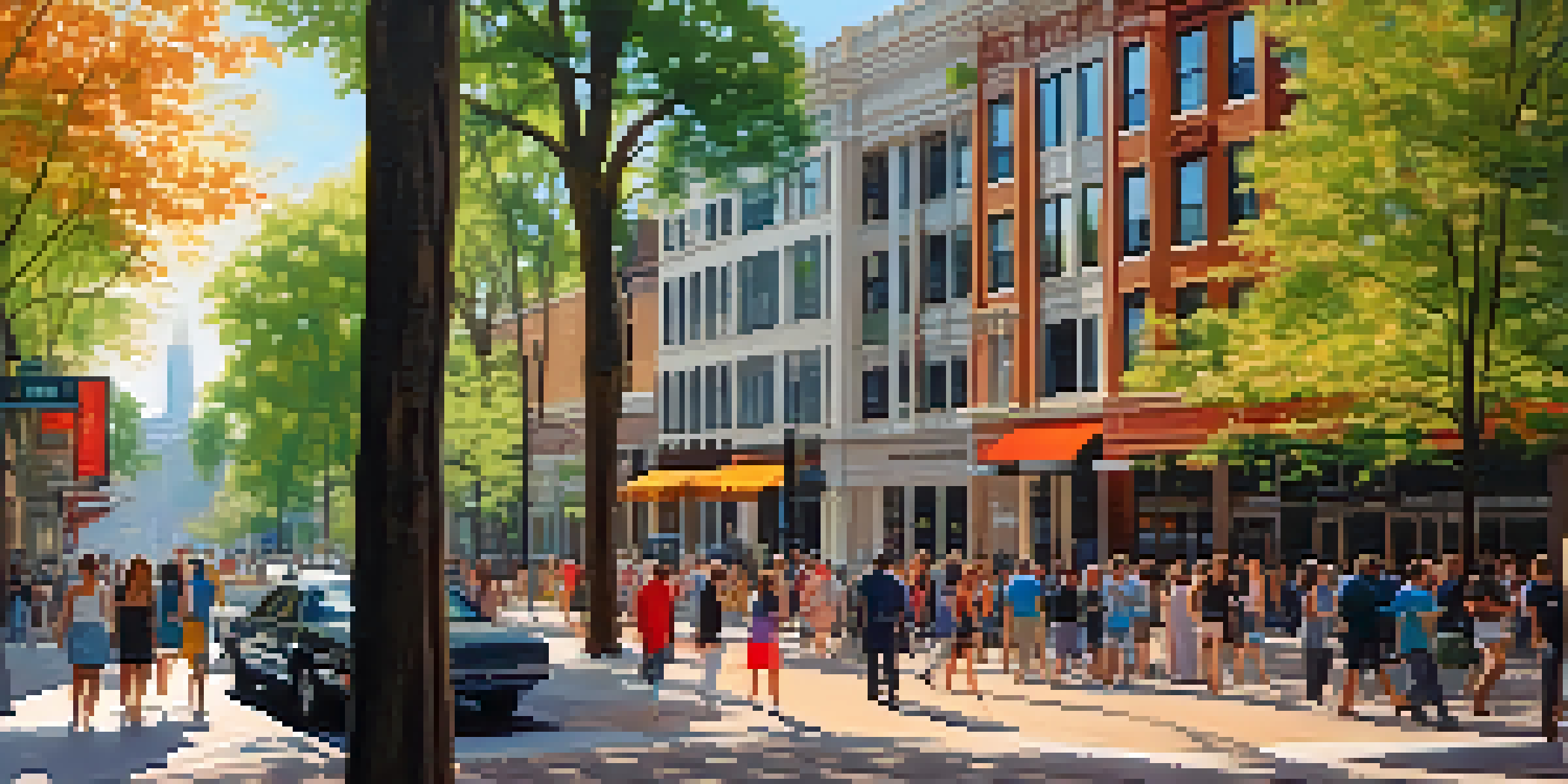 A busy urban scene in downtown Raleigh with people talking and a mix of historic and modern buildings under soft sunlight.