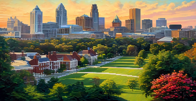 A beautiful skyline of Raleigh featuring both modern and historic architecture, with green parks and flowers under a sunset sky.