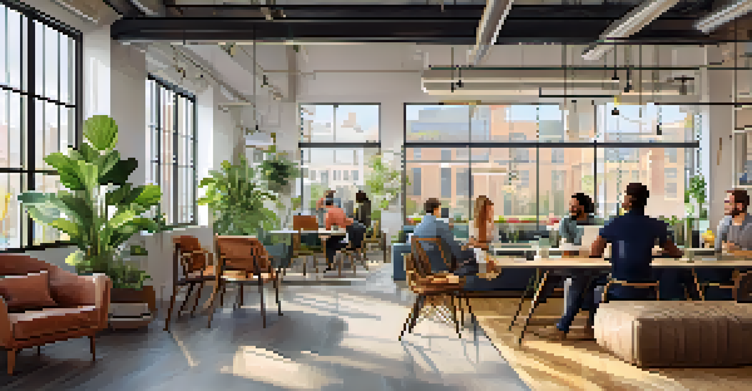 A cozy coworking space with entrepreneurs collaborating at tables and natural light streaming in.