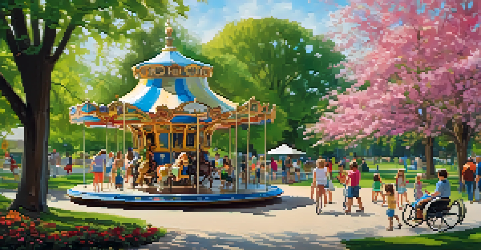 Families enjoying a sunny day at Pullen Park with children on a carousel and lush greenery around.