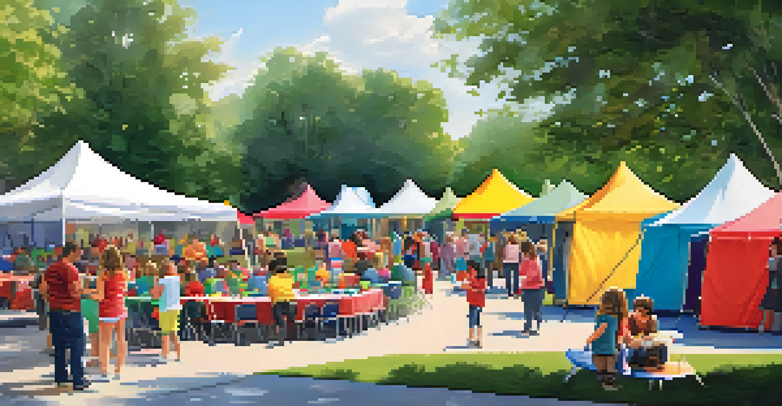 A community learning event in a park with families attending workshops and activities, surrounded by tents and green space.