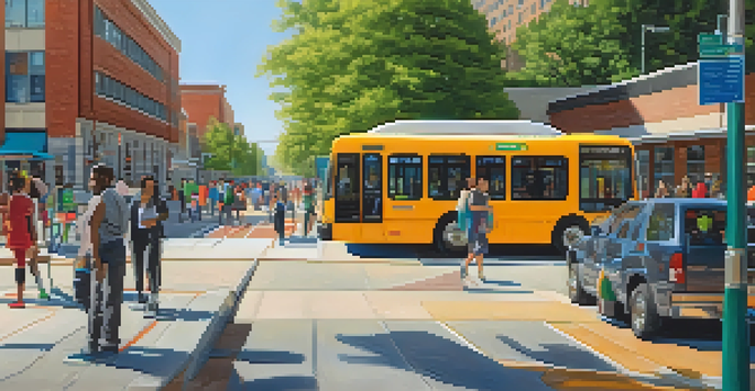 A bustling city street in Raleigh featuring accessible public transit, with a bus equipped with a ramp and diverse individuals using the service.