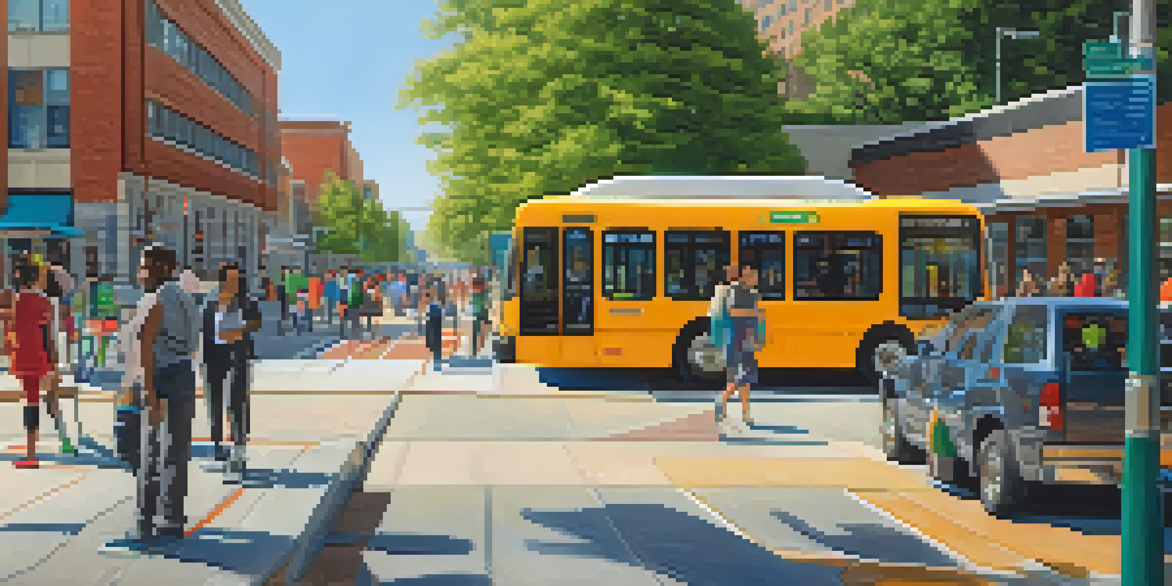 A bustling city street in Raleigh featuring accessible public transit, with a bus equipped with a ramp and diverse individuals using the service.