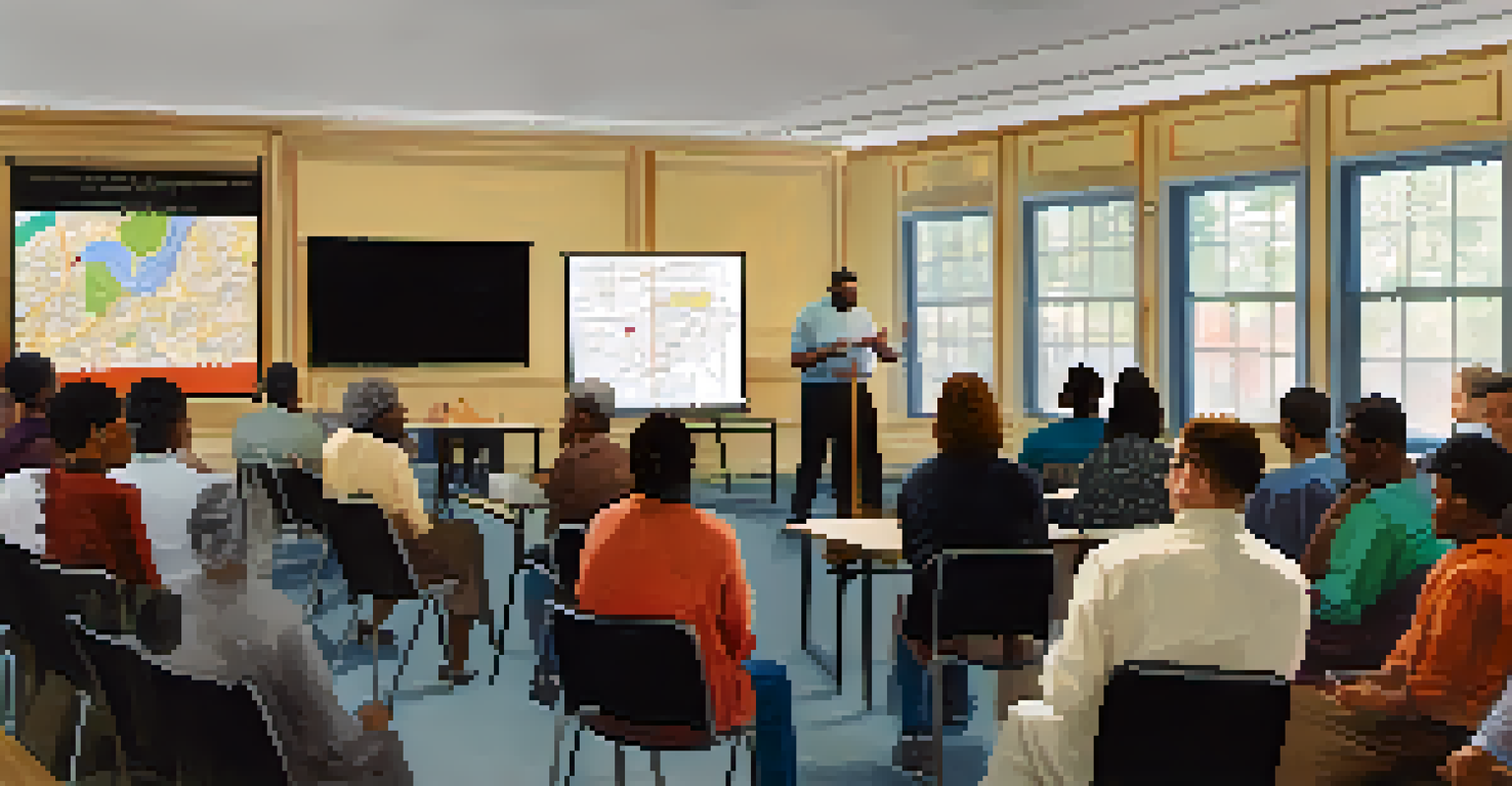 A community meeting with residents discussing public transit improvements, featuring a large map of Raleigh and an engaged audience in a warmly lit room.