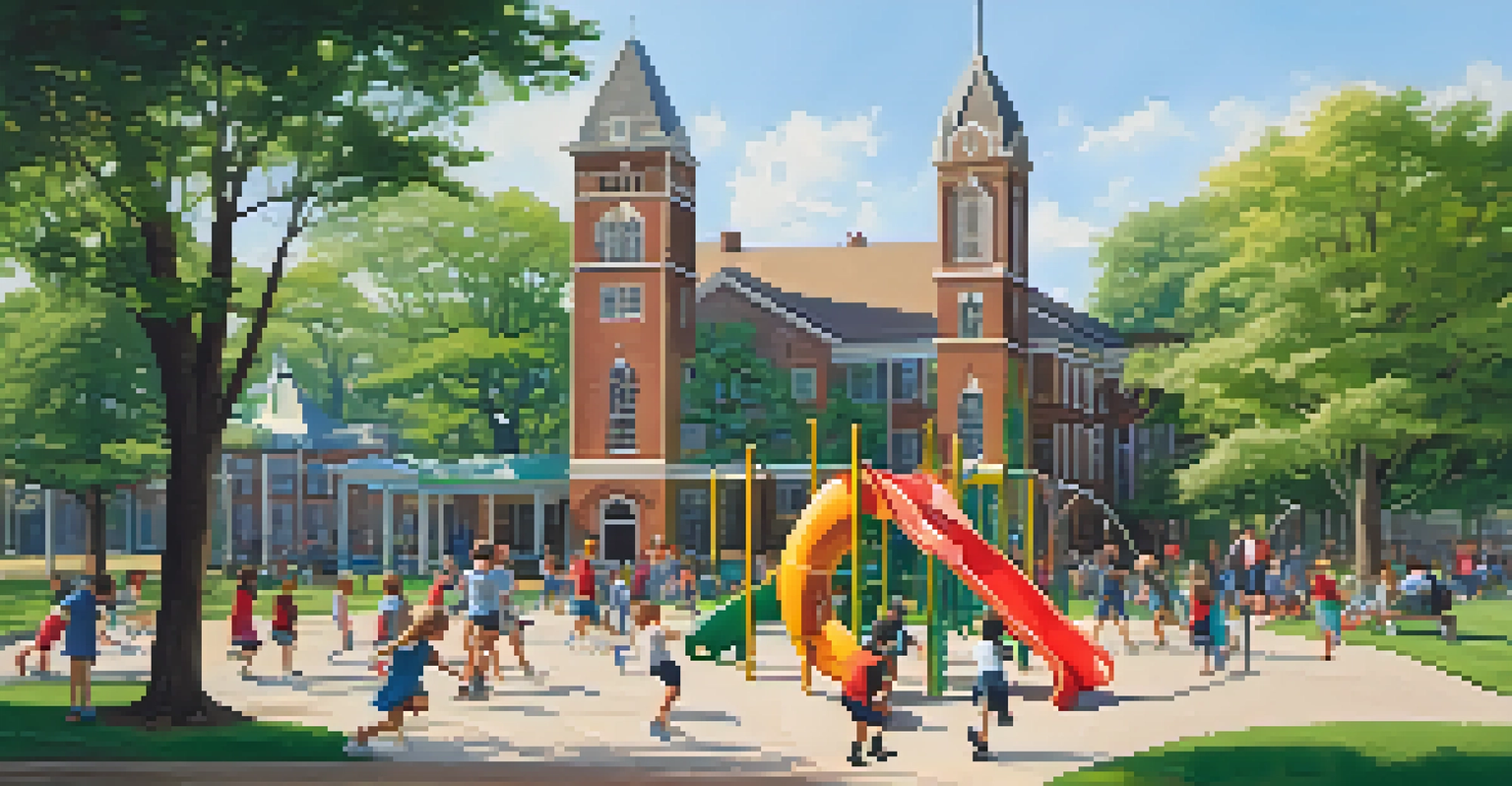 A lively playground with children playing and interacting outside a traditional private school building surrounded by greenery.