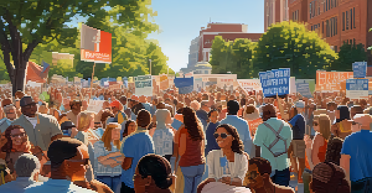 A political rally in Raleigh with a diverse crowd holding signs and banners, illuminated by warm sunlight.