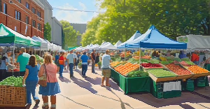 A bustling farmers' market with colorful fresh produce, local vendors, and customers interacting in a bright, sunlit setting.