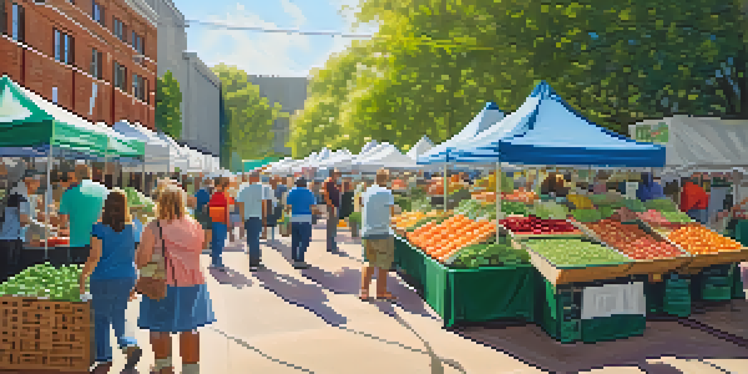 A bustling farmers' market with colorful fresh produce, local vendors, and customers interacting in a bright, sunlit setting.
