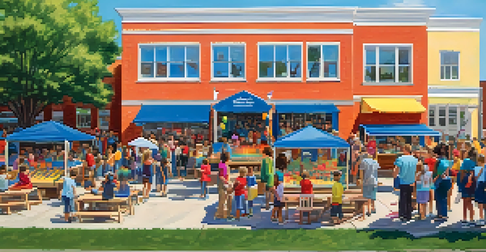 A lively school event with families, local business booths, and children playing games in front of a school building.