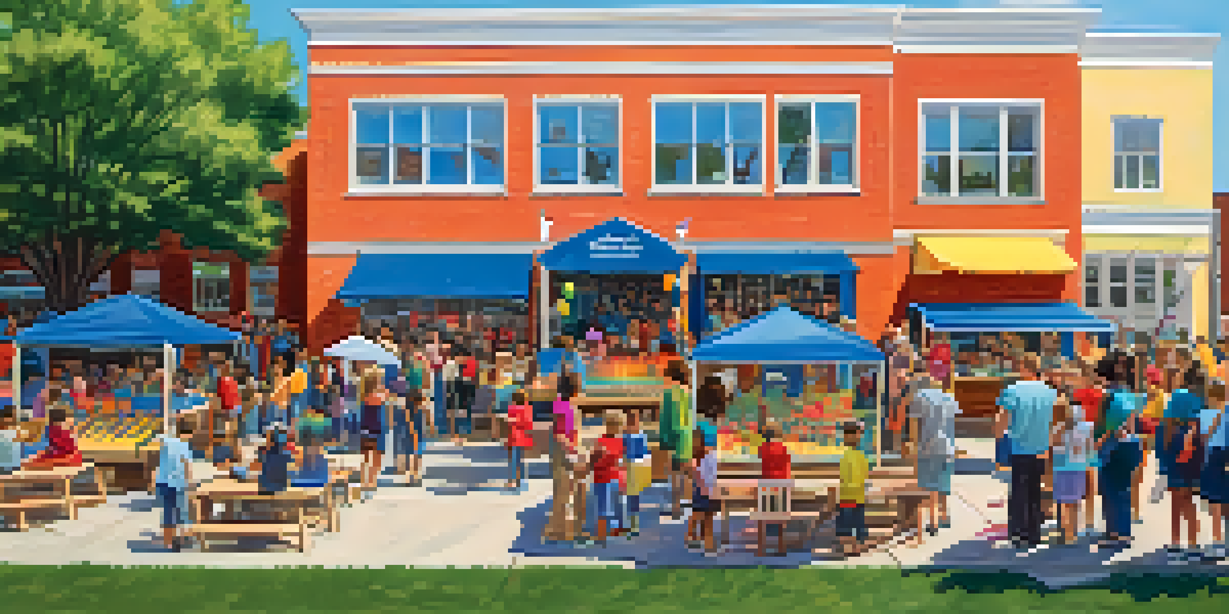 A lively school event with families, local business booths, and children playing games in front of a school building.