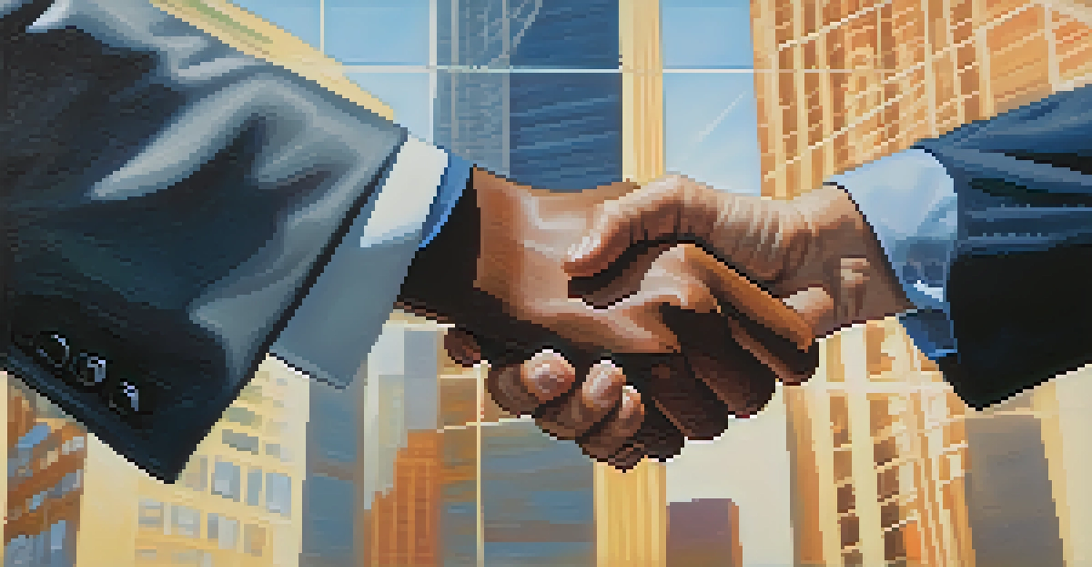 A close-up of a handshake between a startup founder and a corporate representative, with blurred skyscrapers in the background.