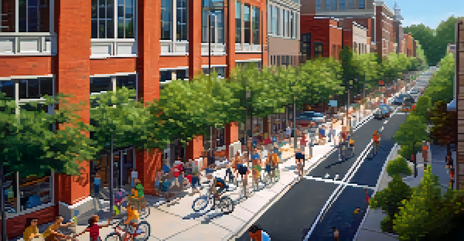 Aerial view of Raleigh showing bike lanes and pedestrian-friendly areas filled with cyclists and families walking amidst greenery.