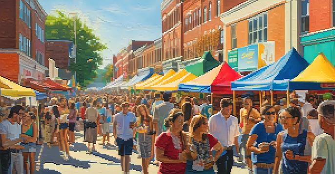 A lively street festival in Raleigh with diverse attendees enjoying music and food in a sunny setting.