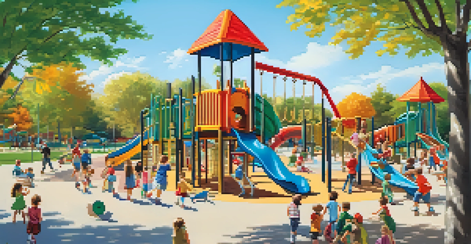 Children playing on a colorful playground with parents watching and trees in the background.