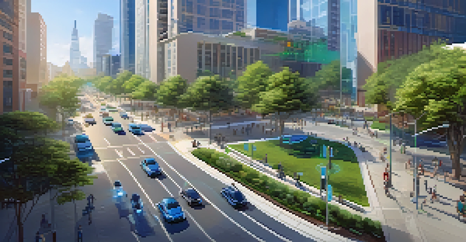 A futuristic depiction of Raleigh as a smart city with energy-efficient buildings, smart traffic lights, and electric vehicles under a clear blue sky.