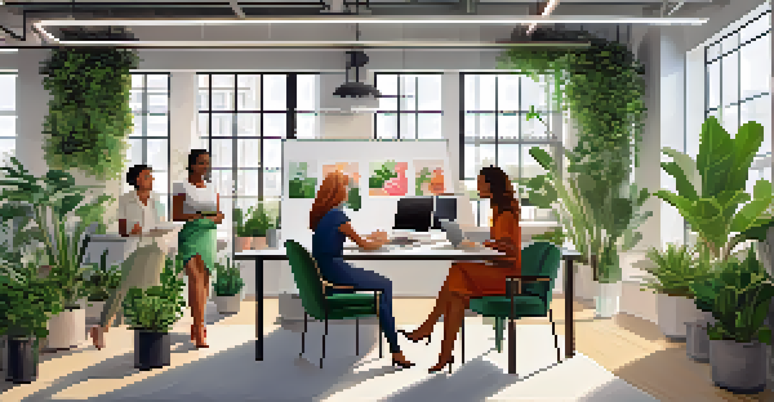 A collaborative meeting of women entrepreneurs in a bright office, discussing ideas with laptops and notepads.