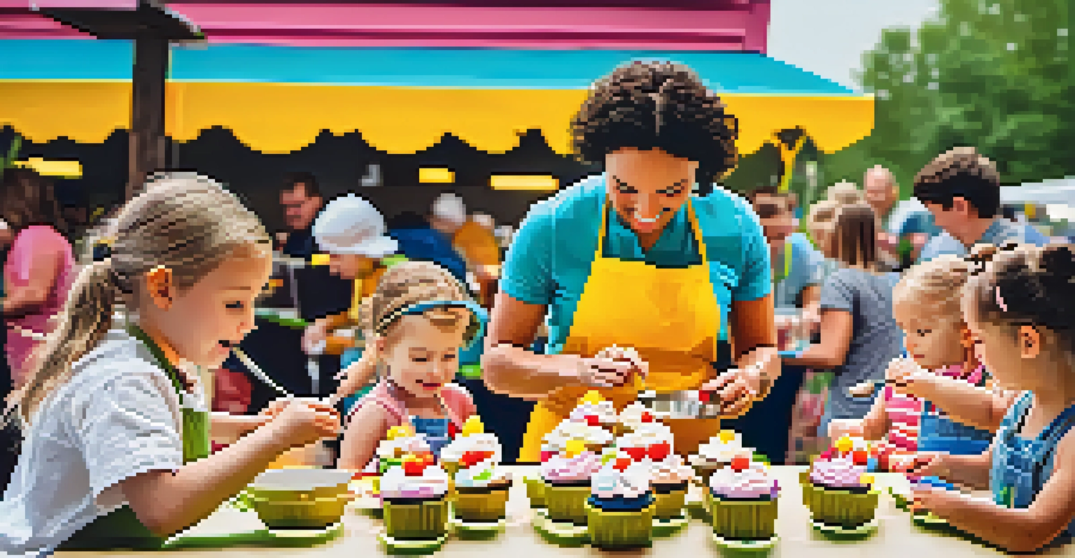 Children and parents enjoying a cooking class together at a family-friendly culinary festival in Raleigh.