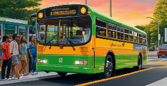 A colorful GoRaleigh bus at a bus stop with people of various backgrounds waiting, surrounded by greenery and modern buildings during sunset.