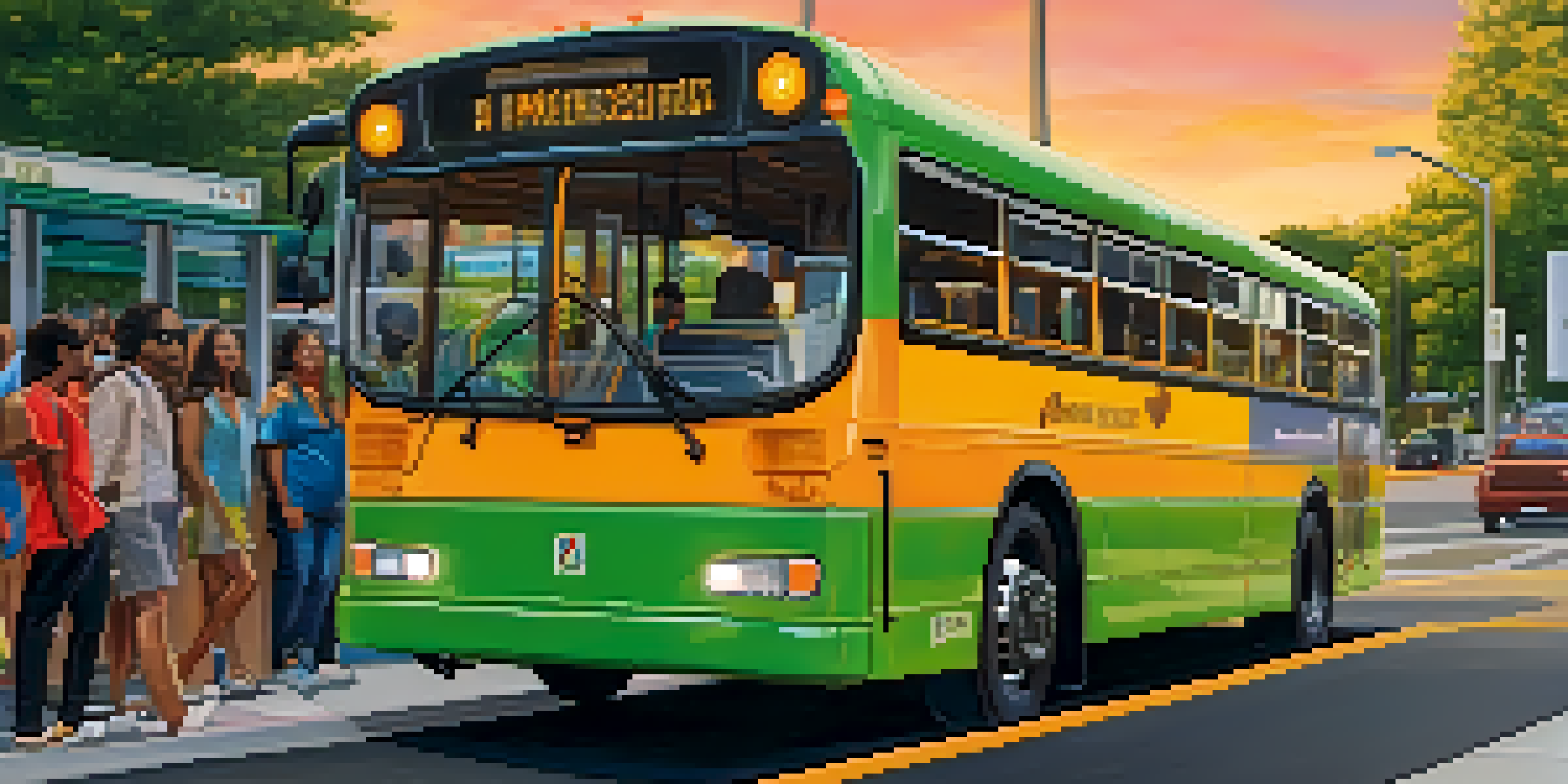 A colorful GoRaleigh bus at a bus stop with people of various backgrounds waiting, surrounded by greenery and modern buildings during sunset.